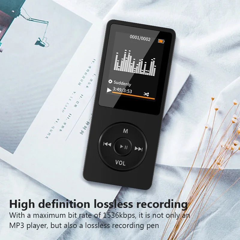 Black rectangular portable mp3 player with lcd digital display showing music playback supports bluetooth lossless audio
