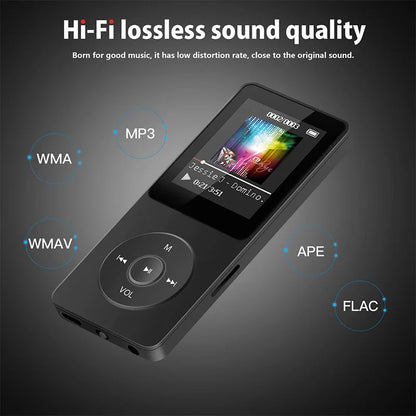 Black portable mp3 player with lcd digital display, circular control buttons, and support bluetooth lossless music playback