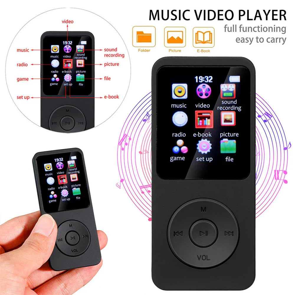 Black rectangular portable mp3 player with lcd digital display touchscreen and circular control buttons supports bluetooth lossless audio
