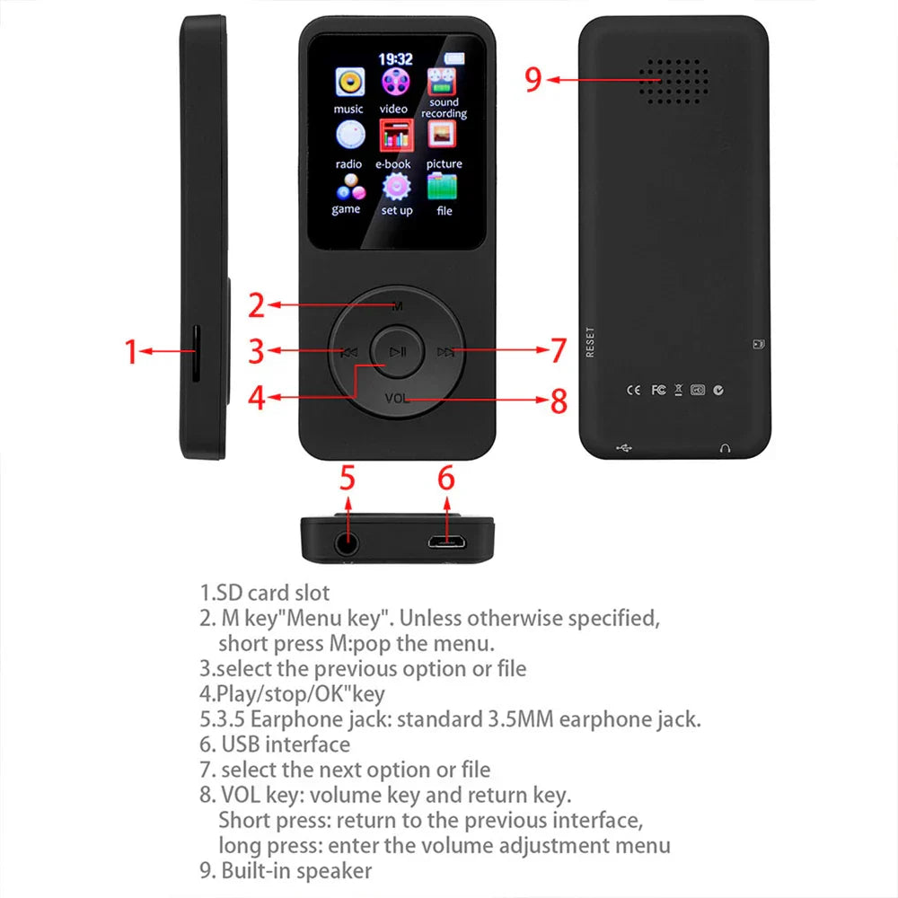 Black portable mp3 player with lcd digital display showing music video and radio icons supports bluetooth lossless audio