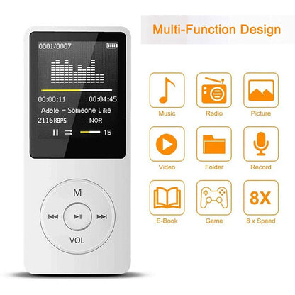 White portable mp3 player with lcd digital display showing music info and orange icons support bluetooth lossless audio
