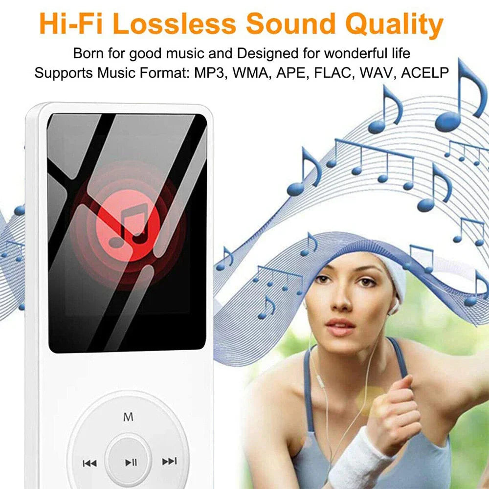 White rectangular portable mp3 player with lcd digital display black screen and silver navigation buttons supports bluetooth lossless