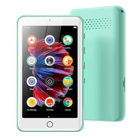 Mint green portable mp3 player bluetooth with white bezel and colorful app icons for radio ebooks recorder and wifi music player