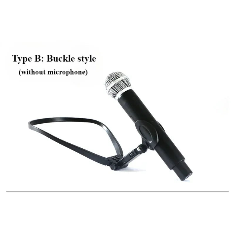 Black handheld microphone with silver mesh grille and adjustable strap for portable music bar guitar keyboard mic use