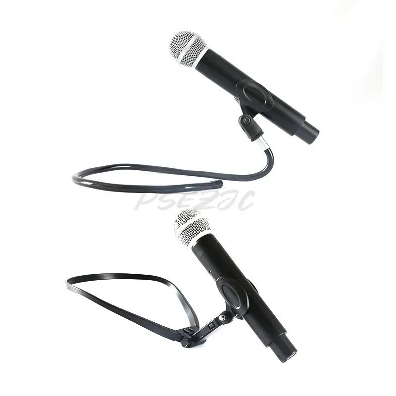 Black handheld microphones with silver mesh grilles and neck straps for portable music bar guitar keyboard mic setup