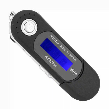 Black and silver portable music mp3 usb player with blue lcd screen voice and fm radio functionality
