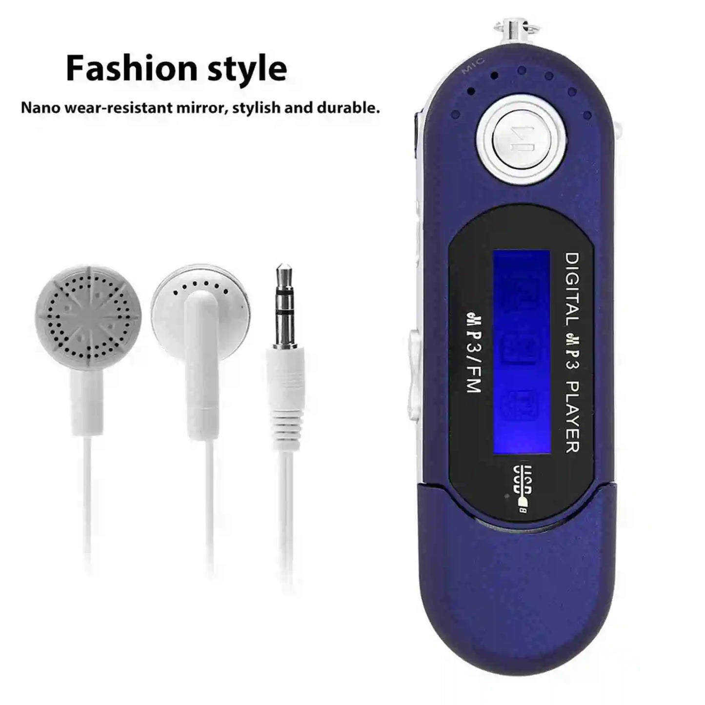 Blue portable music mp3 player with nano wear-resistant mirror lcd screen voice and white earphones for music mp3 usb use