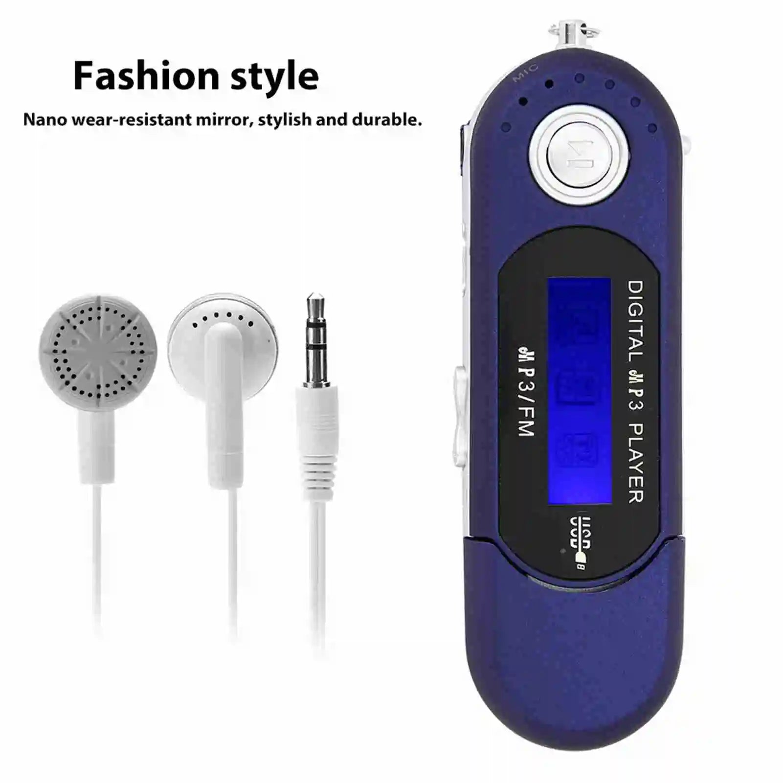 Blue portable music mp3 player with nano wear-resistant mirror lcd screen voice and white earphones for music usb use