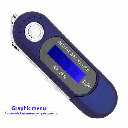 Blue portable music mp3 player with silver button and lcd screen voice for music mp3 usb playback