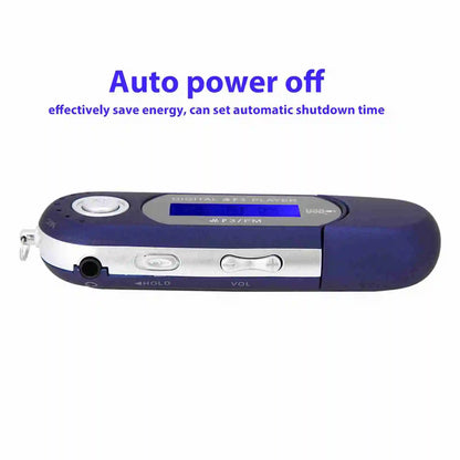 Portable music mp3 usb player in blue and silver with lcd screen voice, usb port, and control buttons for easy use