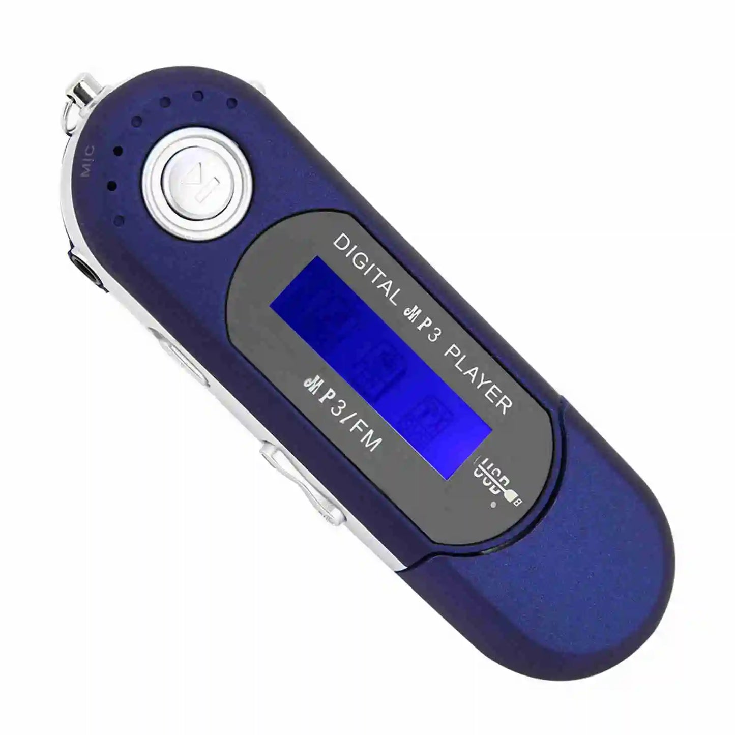 Blue and silver portable music mp3 player with lcd screen voice usb port and fm radio functionality for usb playback
