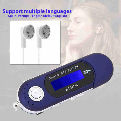 Blue and white portable music mp3 usb player with lcd screen voice control buttons and usb port for easy use
