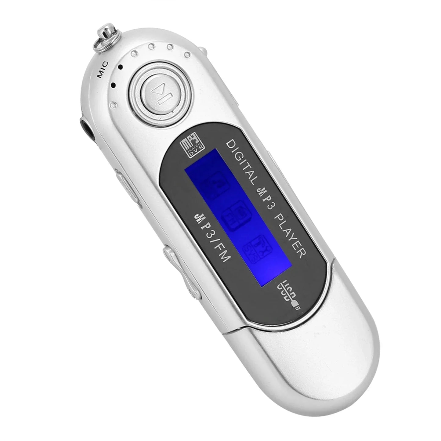 Silver metallic portable music mp3 player with blue lcd screen voice and black label for music mp3 usb fm functions