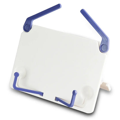 White plastic portable music sheet stand with blue adjustable arms foldable book stand desktop reading holder