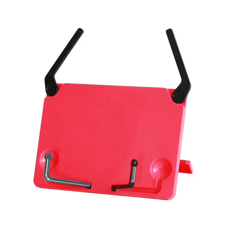 Bright red plastic portable music sheet foldable book stand with black adjustable arms and silver metal hooks for desktop reading holder