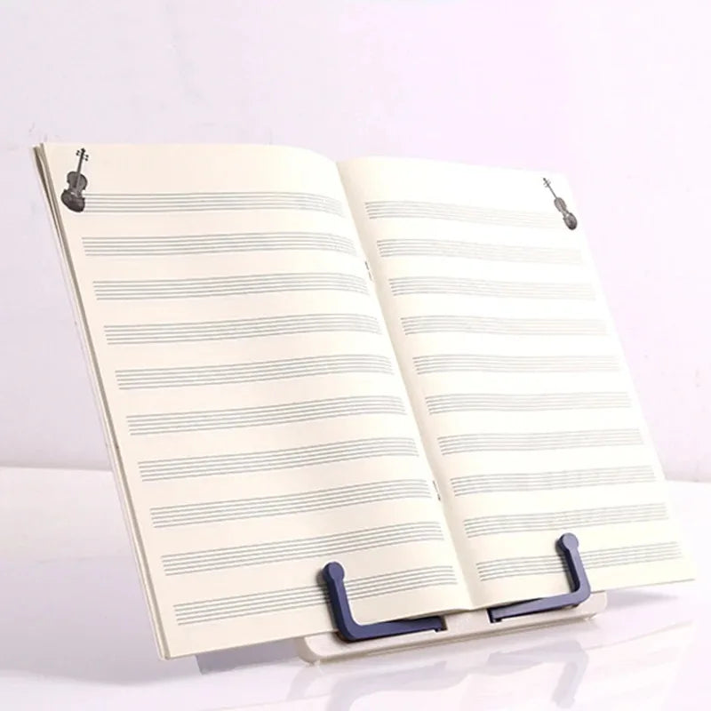 A sleek portable music sheet stand with a dark blue plastic base and clips foldable book stand for desktop reading holder