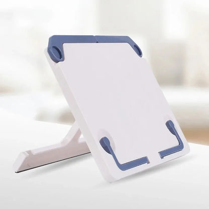 White and blue foldable plastic book stand with adjustable angles for optimal viewing as a portable music sheet holder