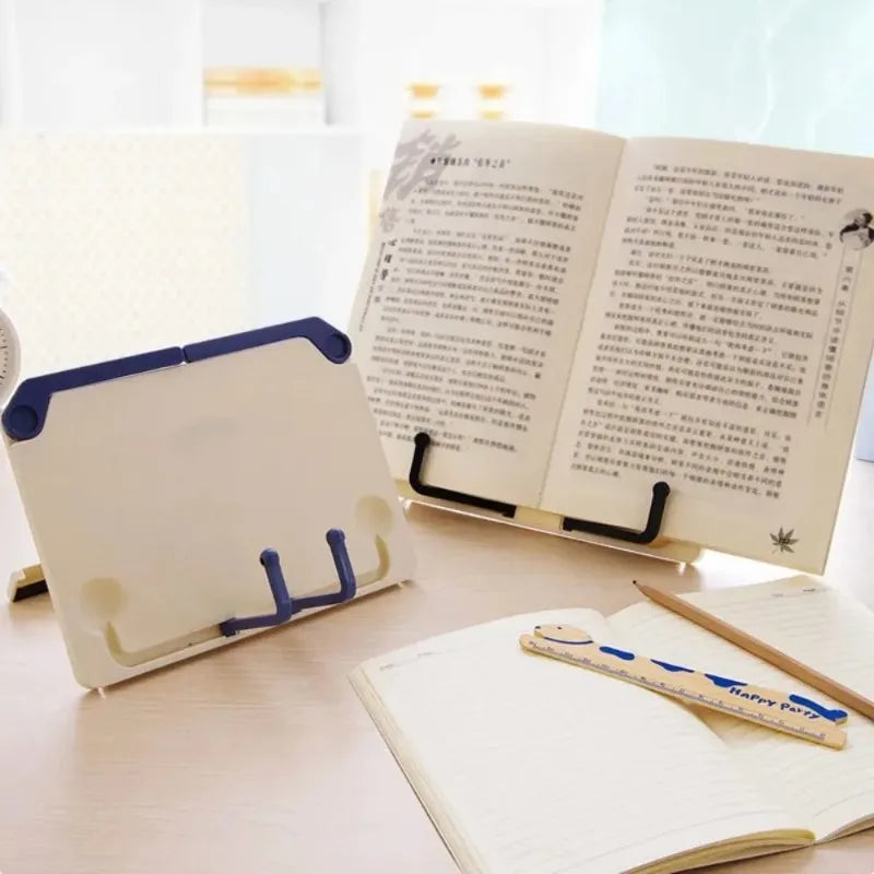 White and blue plastic foldable book stand with adjustable arms portable music sheet desktop reading holder for piano tablet