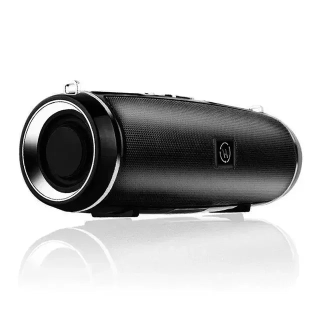 Black cylindrical wireless bluetooth speaker with textured fabric and silver accents portable outdoor stereo subwoofer 200w
