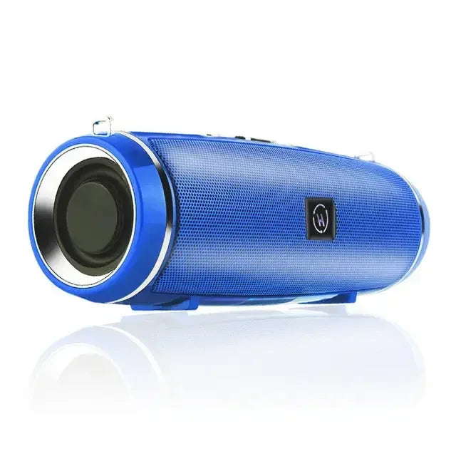 Blue cylindrical wireless bluetooth speaker with mesh grille and silver trim portable outdoor stereo subwoofer 200w