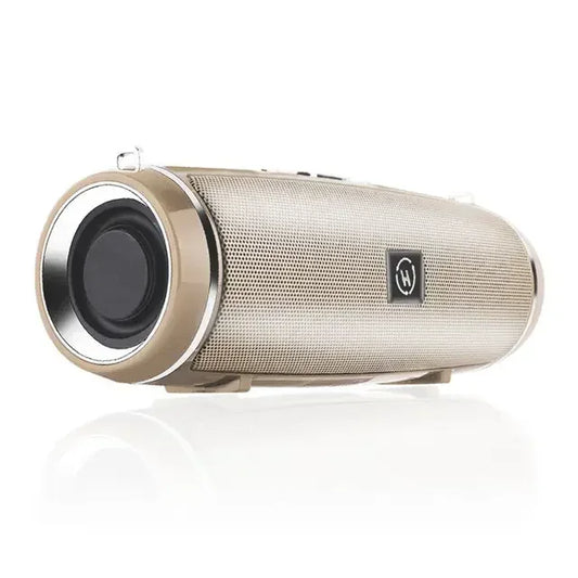Gold-colored cylindrical portable outdoor stereo wireless bluetooth speaker with mesh grille and stereo subwoofer 200w