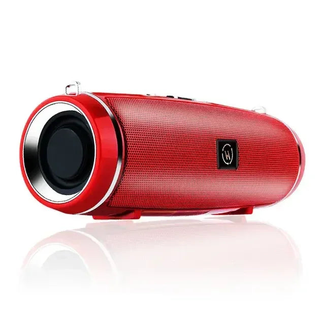 Red cylindrical portable outdoor stereo wireless bluetooth speaker with textured mesh grille and silver trim for high-power 200w subwoofer