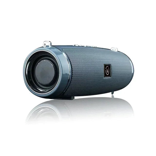 Dark gray cylindrical wireless bluetooth speaker with textured grille and metallic accents portable outdoor stereo subwoofer 200w