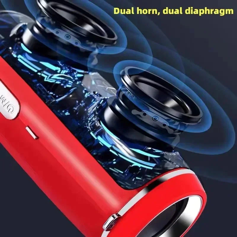 Red cylindrical portable outdoor stereo subwoofer 200w wireless bluetooth speaker with transparent front panel showing dual drivers