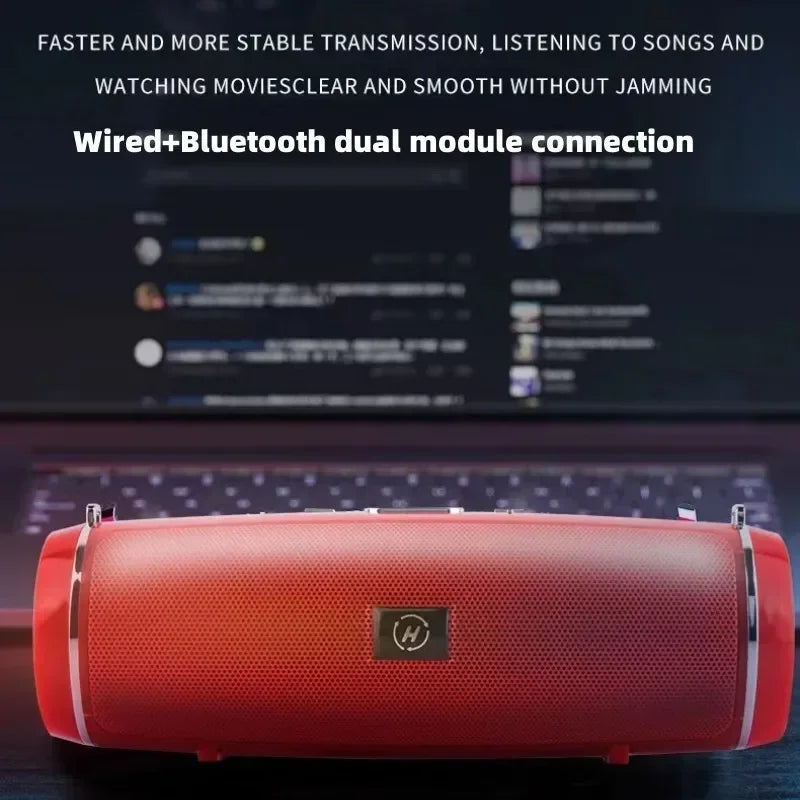 Red cylindrical wireless bluetooth speaker with textured mesh grille and silver trim for portable outdoor stereo 200w subwoofer