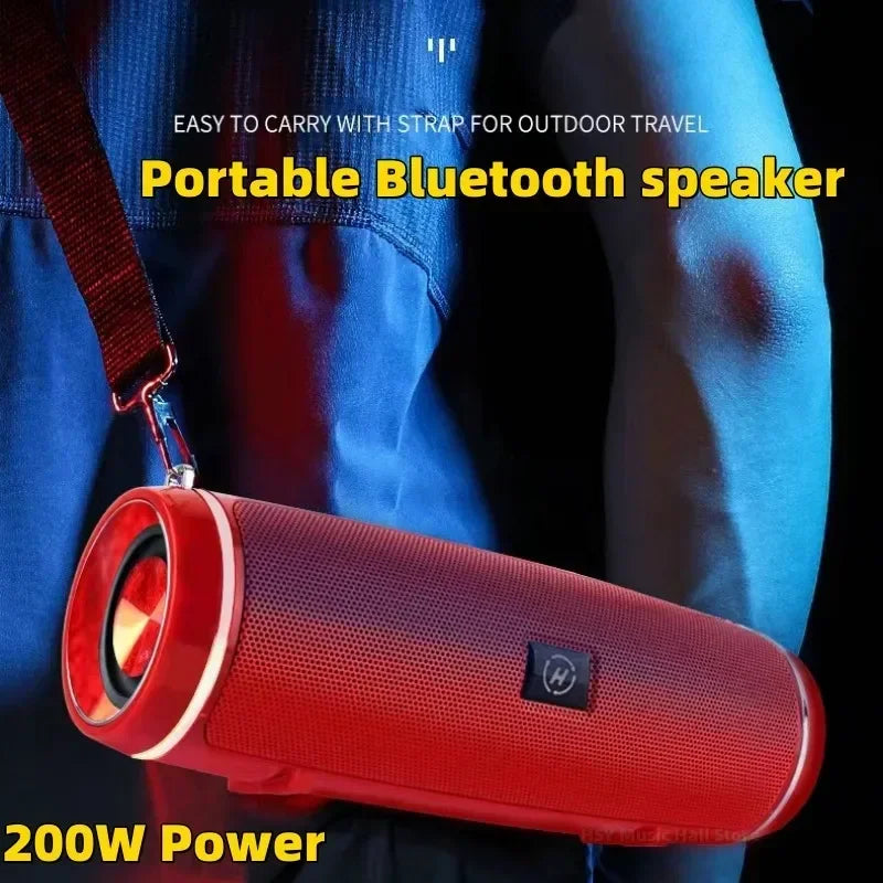 Red portable outdoor stereo wireless bluetooth speaker with textured mesh body and stereo subwoofer 200w power