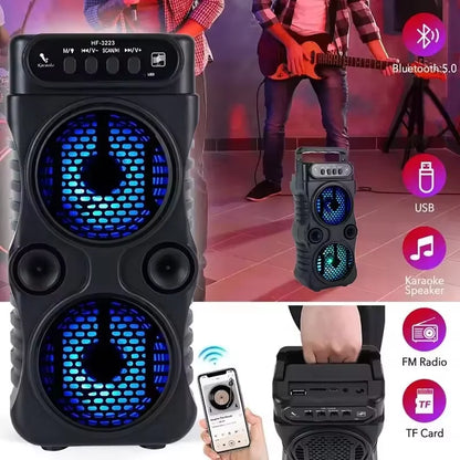 Black portable outdoor wireless speaker with blue led mesh grilles and multiple ports for proms home karaoke bass boost