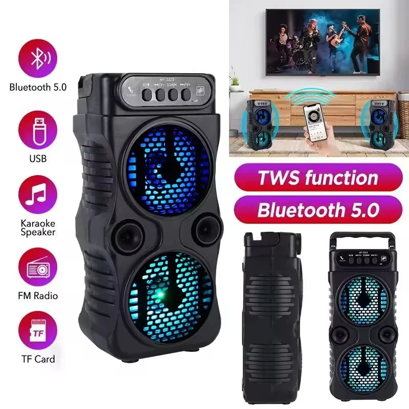 Black portable outdoor wireless speaker with dual led-lit subwoofers and rugged design to enjoy high quality music