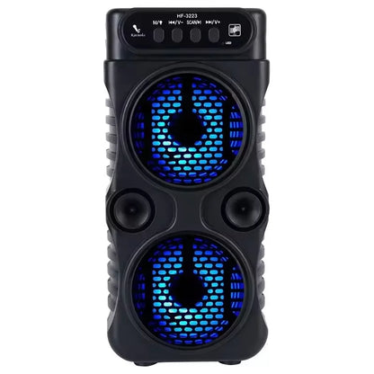Black portable outdoor wireless speaker with dual blue-lit stereo subwoofers bass for proms home karaoke use