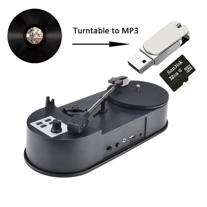 Black portable phonograph 45rpm turntable player with usb and sd slots to converter save vinyl to mp3 files