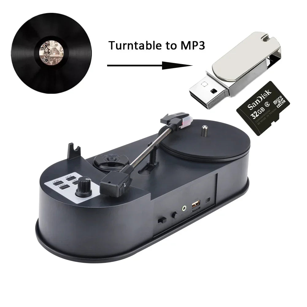 Black portable phonograph 45rpm turntable player with usb and sd card slots for saving vinyl music records to mp3 files