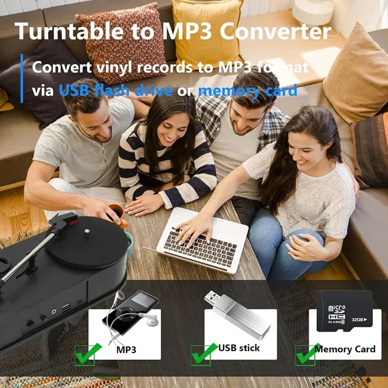 Black portable phonograph 45rpm turntable player with usb converter save vinyl music to mp3 and built in speaker