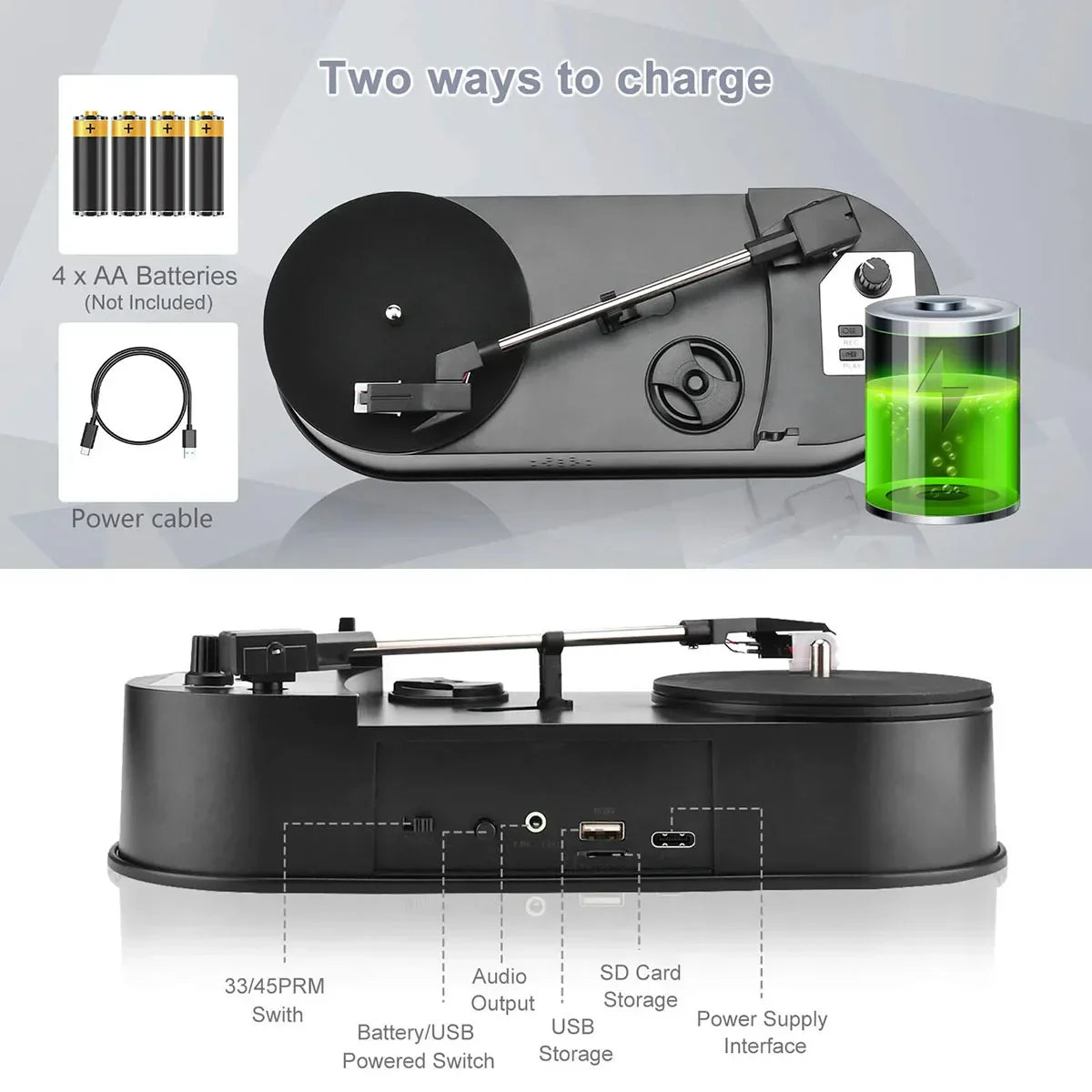 Black portable phonograph 45rpm turntable player with silver tone stylus chrome accents and usb battery dual charging