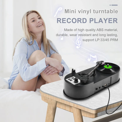 Portable phonograph black mini vinyl turntable with green platter usb ports for micro sd card and usb flash recording