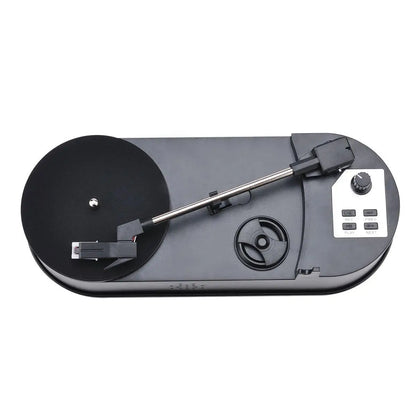 Black and silver portable phonograph turntable with built in speaker and control panel supports micro sd card usb flash