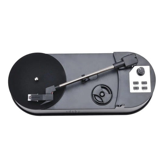 Black and silver portable phonograph turntable with built in speaker and control panel supports micro sd card usb flash