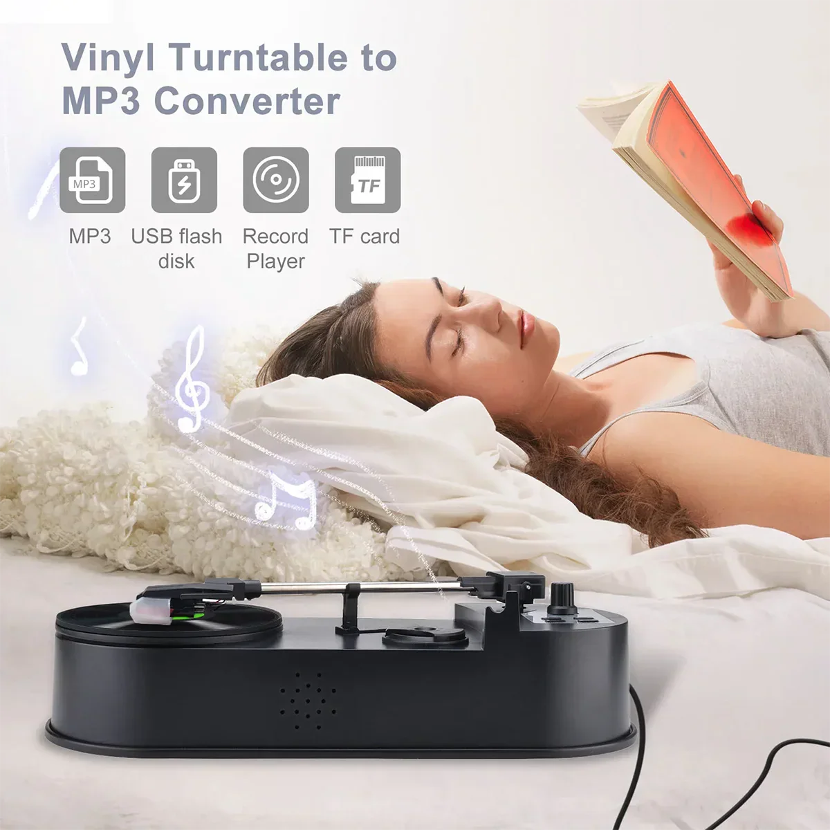 Black vinyl portable phonograph 45rpm turntable player with usb tf card recording saves vinyl music records to mp3