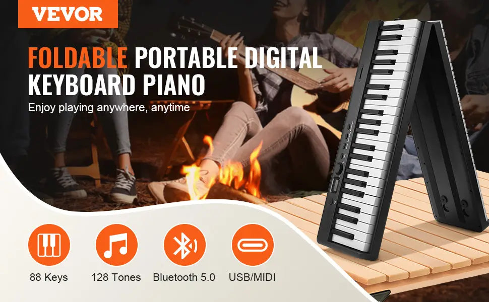 VEVOR 88 Key Folding Keyboard Piano Bluetooth & MIDI Portable Electronic Digital Foldable Piano Rechargeable for Beginners