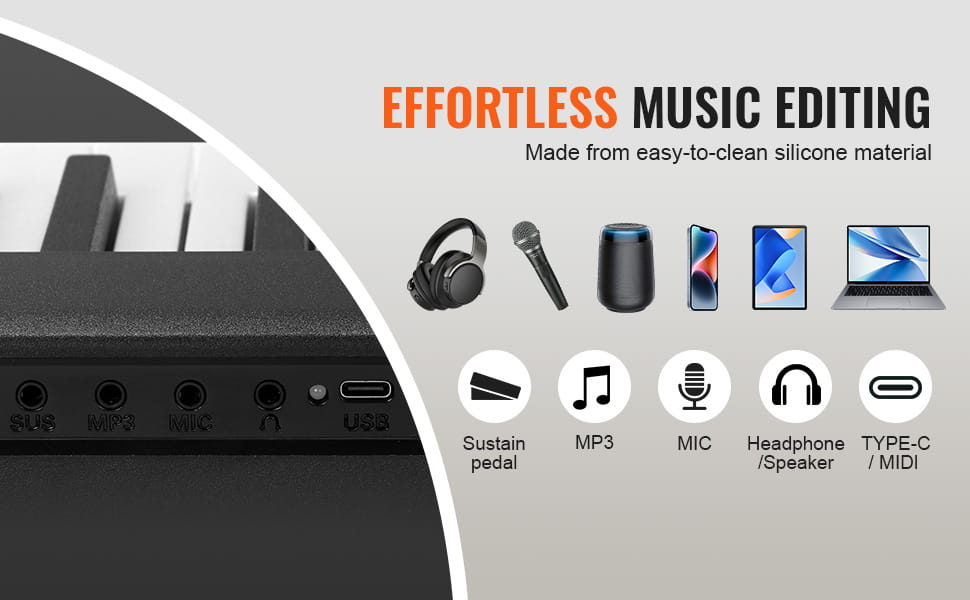 VEVOR 88 Key Folding Keyboard Piano Bluetooth & MIDI Portable Electronic Digital Foldable Piano Rechargeable for Beginners