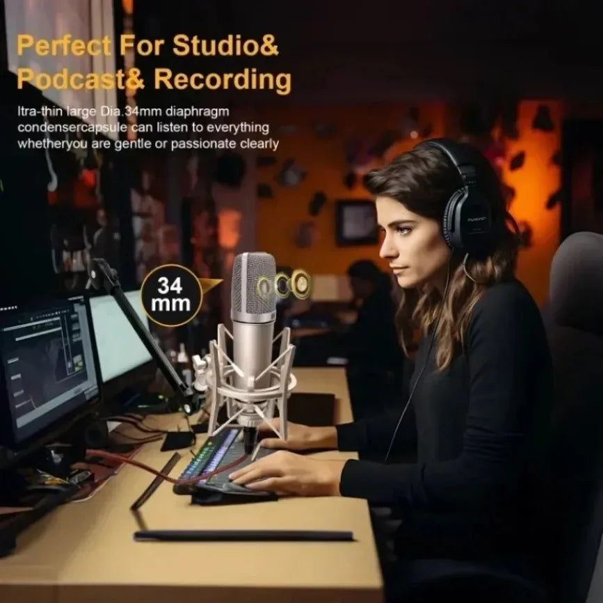 Silver condenser microphone with 34mm diaphragm in shock mount for portable professional podcast 48v xlr microphone recording singing streaming
