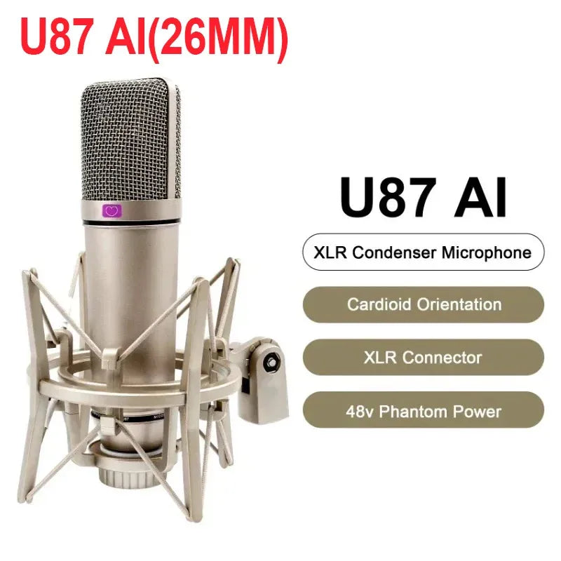 The u87 ai sleek metallic silver condenser 48v xlr microphone with purple logo for portable professional podcast recording singing streaming