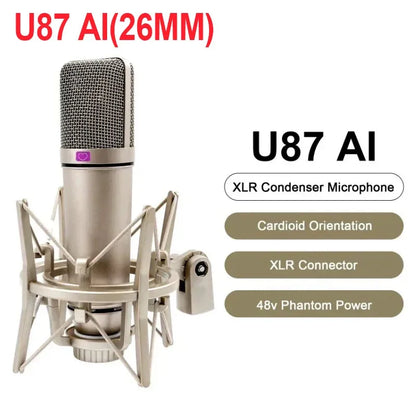 The u87 ai sleek metallic silver condenser 48v xlr microphone with purple logo for portable professional podcast recording singing streaming