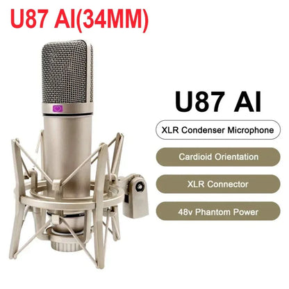 Portable professional podcast bundle featuring a metallic silver u87 48v xlr microphone for recording singing streaming