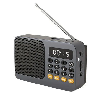 Gray portable radio music player handheld rechargeable with digital fm usb, telescopic antenna, LED display, and orange buttons