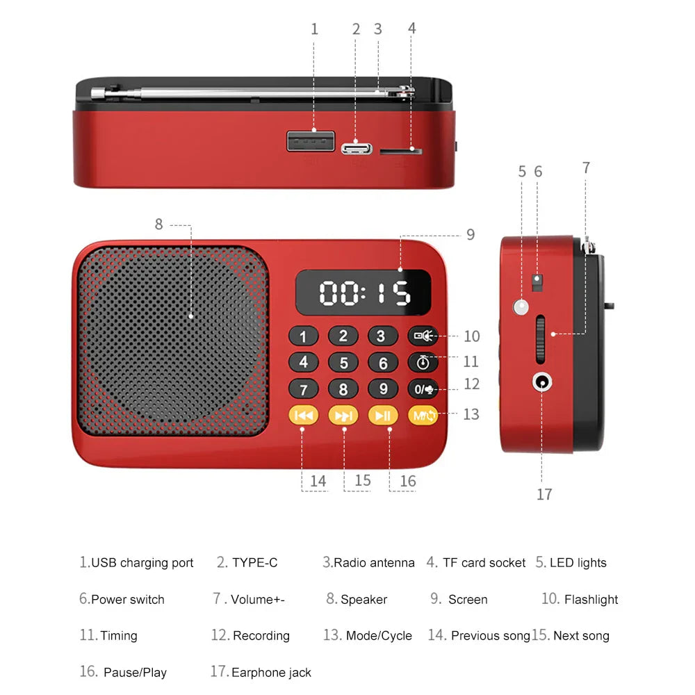 Red portable radio music player handheld rechargeable with digital fm usb type-c ports speaker grille and control buttons
