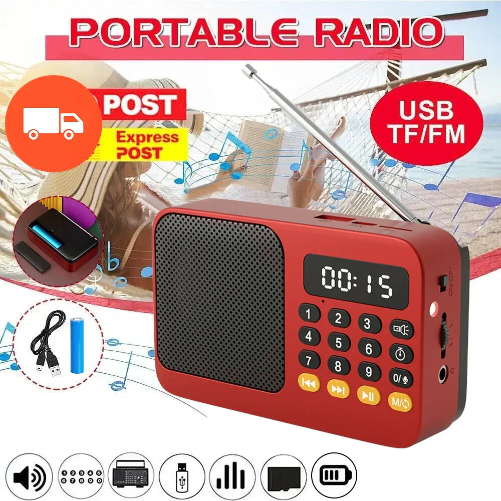 Red portable radio music player handheld rechargeable with black speaker grille digital fm usb keypad and led display